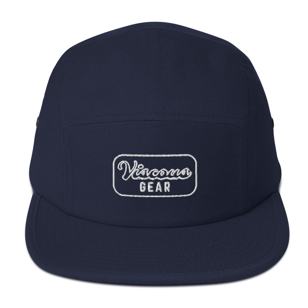 Viscous Gear Minimalist Badge Typography Logo Unisex White Embroidery 5 Panel Camper