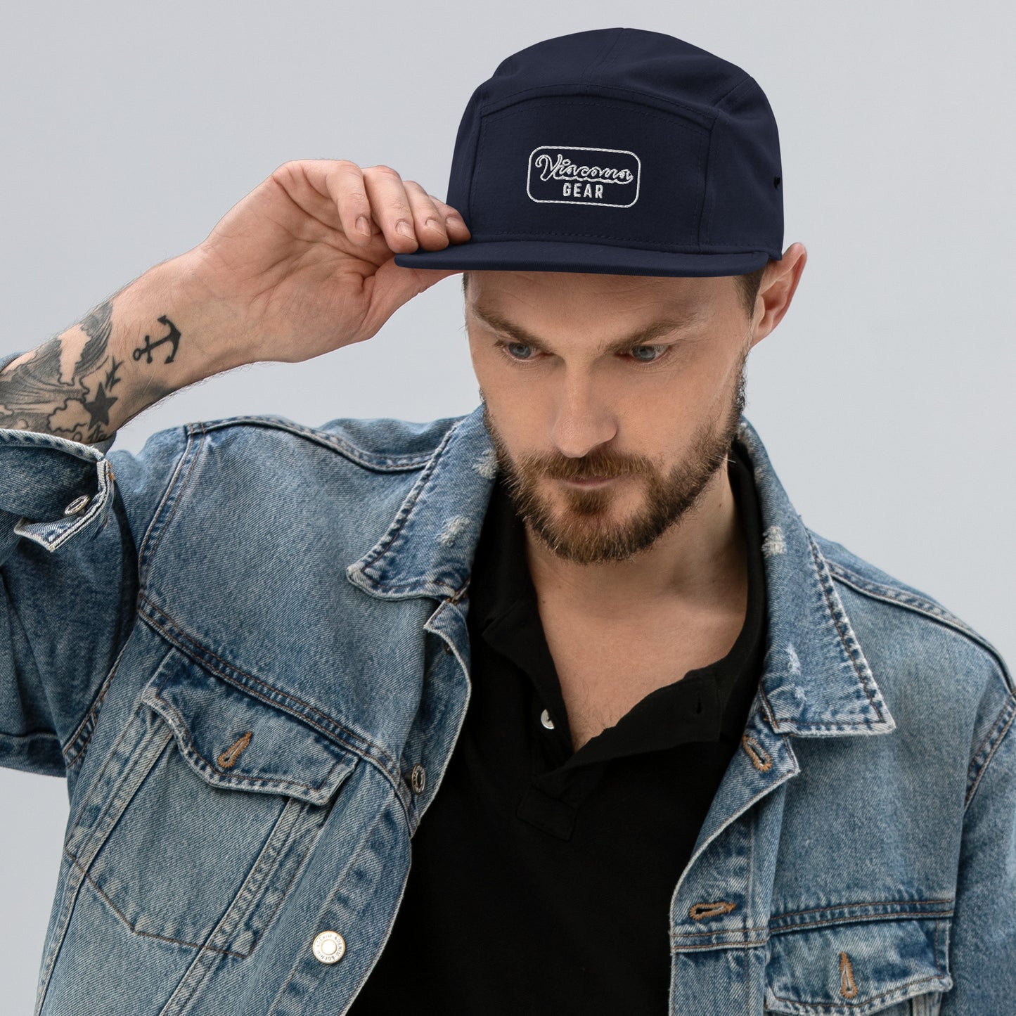 Viscous Gear Minimalist Badge Typography Logo Unisex White Embroidery 5 Panel Camper