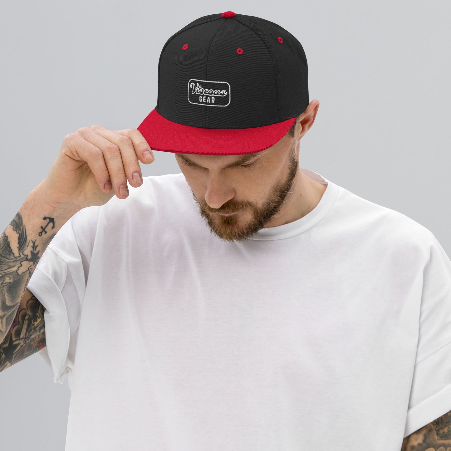 Viscous Gear Minimalist Badge Typography Logo Unisex White Embroidery Snapback Hat