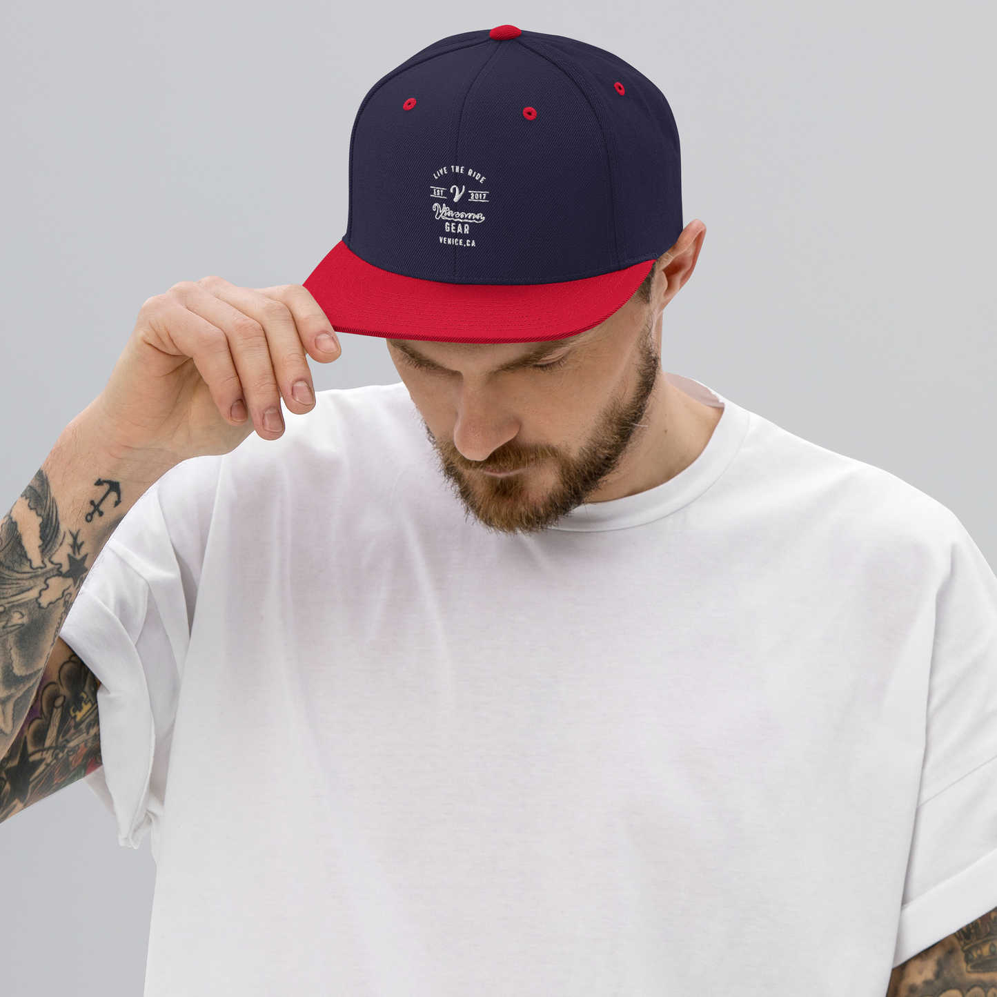 Viscous Gear Live The Ride Typography Logo No.2 White Embroidery Unisex Snapback Hat