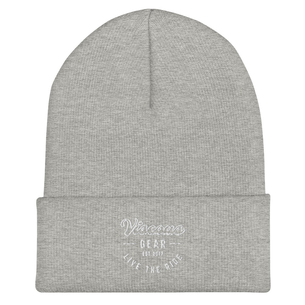 Viscous Gear Live The Ride Typography Logo No.3 White Embroidery Cuffed Beanie