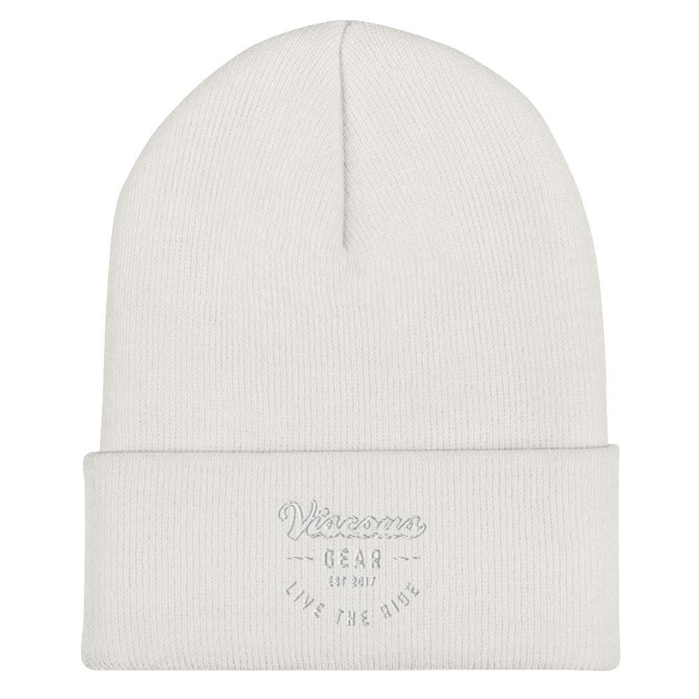 Viscous Gear Live The Ride Typography Logo No.3 White Embroidery Cuffed Beanie