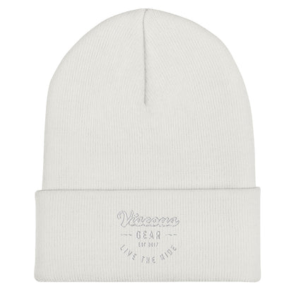 Viscous Gear Live The Ride Typography Logo No.3 White Embroidery Cuffed Beanie