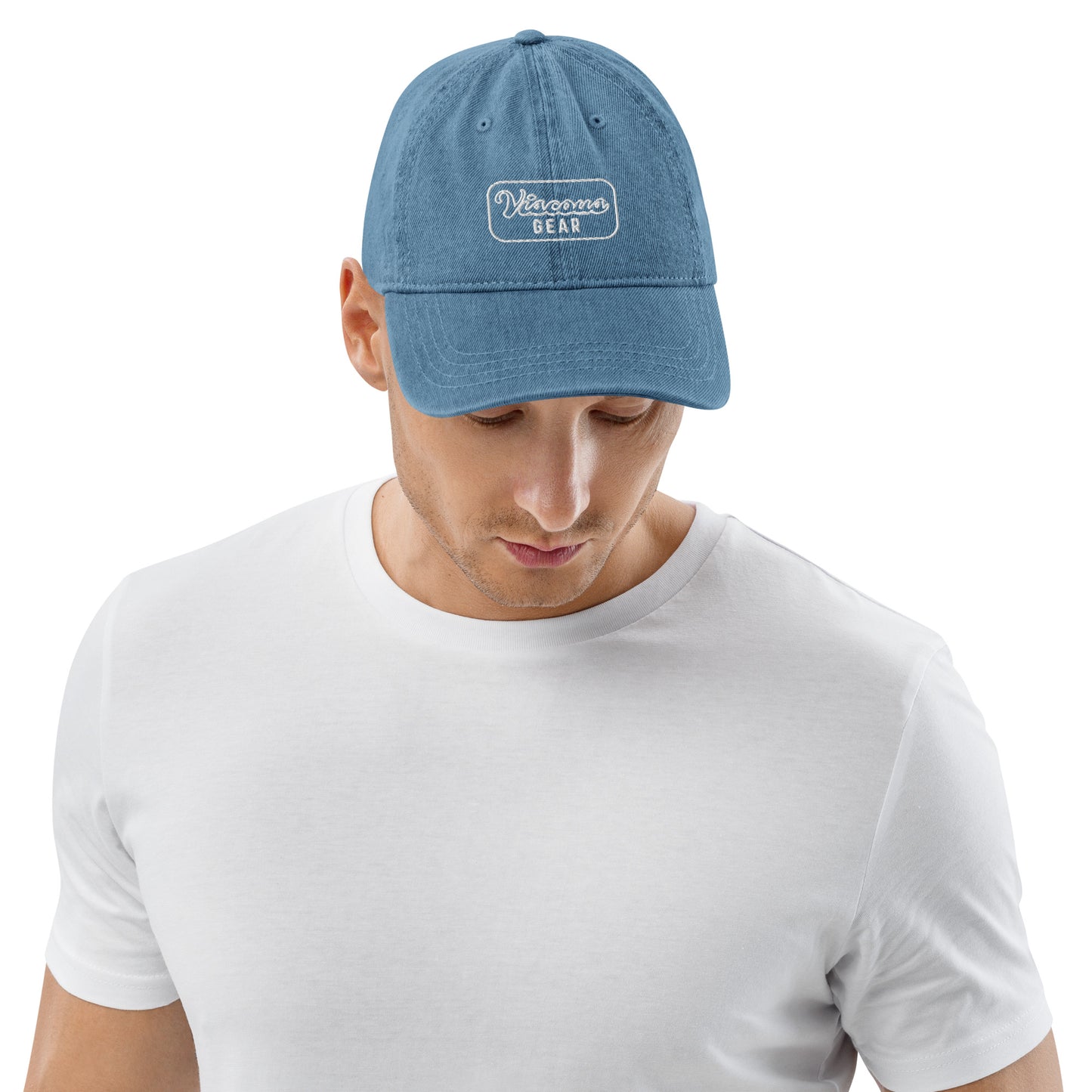 Viscous Gear Minimalist Badge Typography Logo Unisex White Embroidery Denim Hat