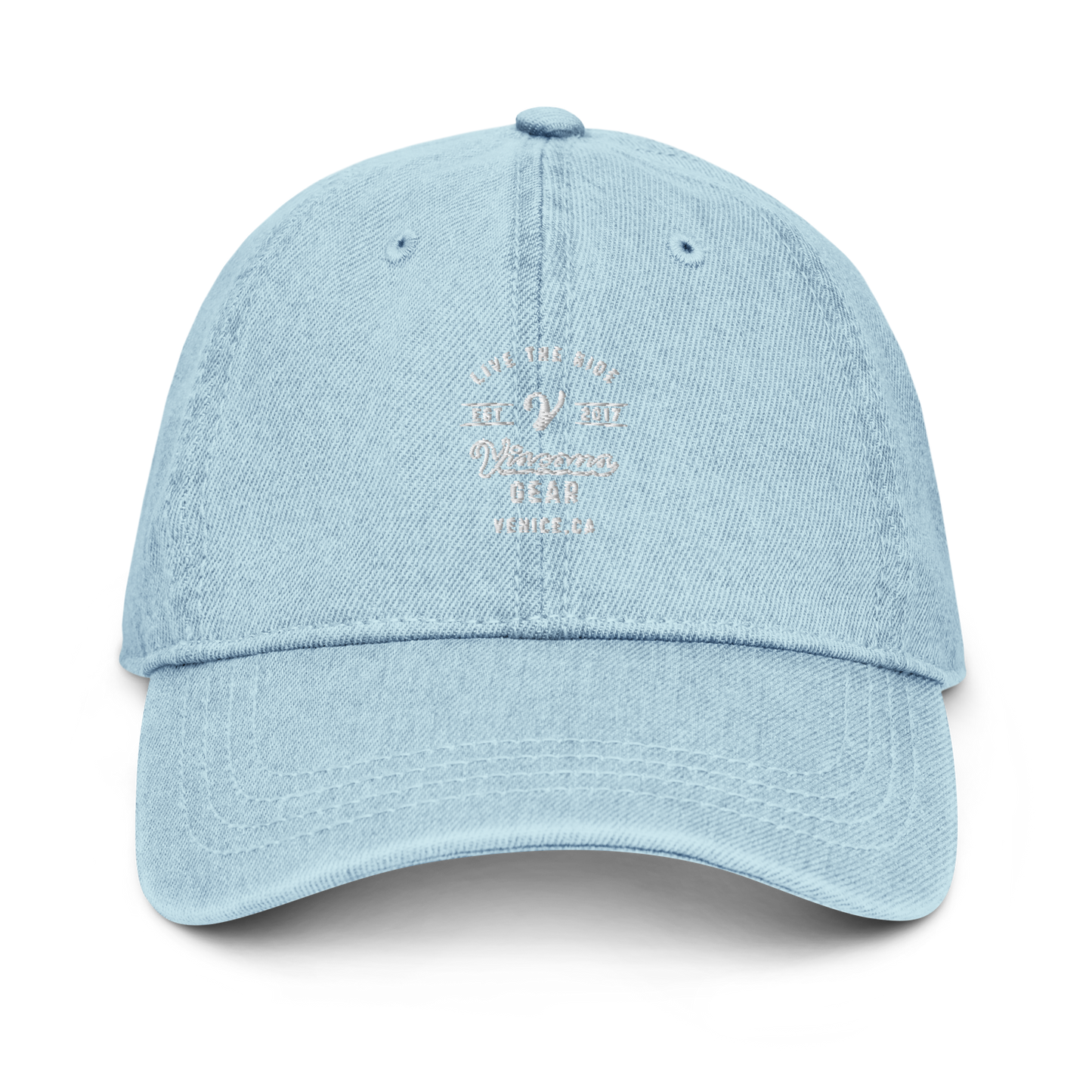 Viscous Gear Live The Ride Typography Logo No.2 White Embroidery Unisex Denim Hat