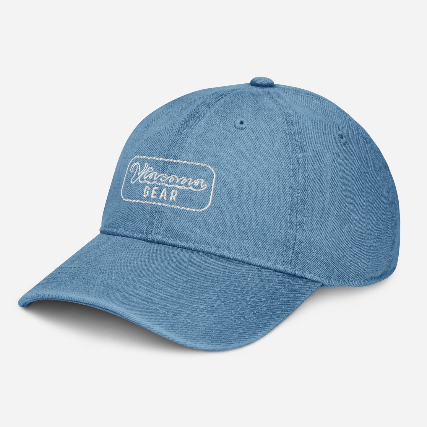 Viscous Gear Minimalist Badge Typography Logo Unisex White Embroidery Denim Hat