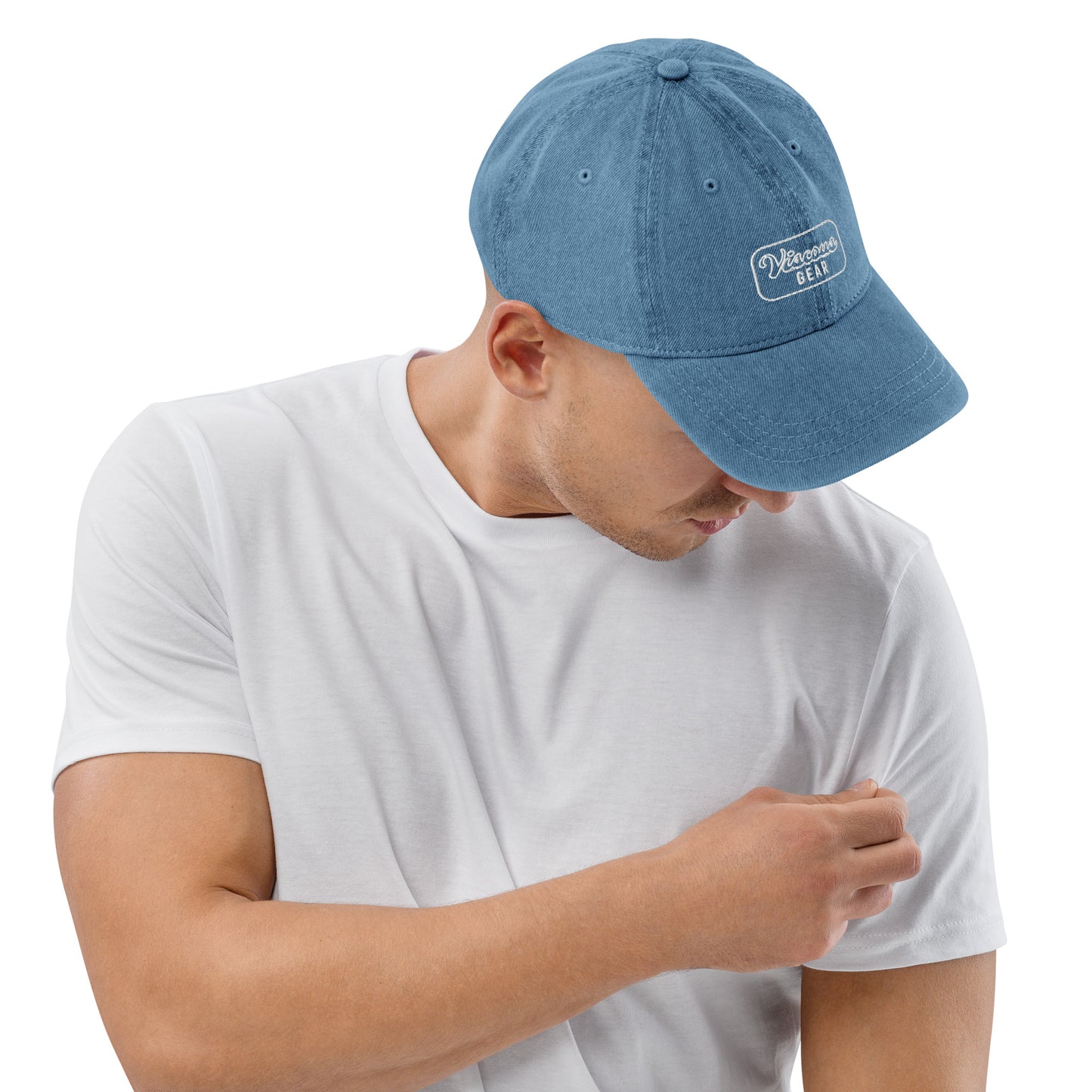 Viscous Gear Minimalist Badge Typography Logo Unisex White Embroidery Denim Hat