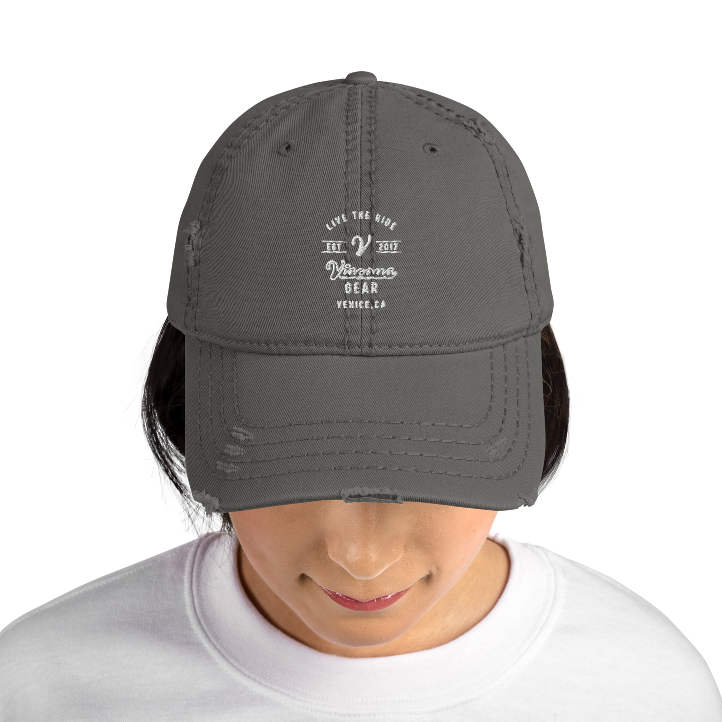 Viscous Gear Live The Ride Typography Logo No.2 White Embroidery Unisex Distressed Dad Hat