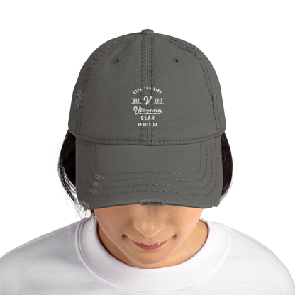 Viscous Gear Live The Ride Typography Logo No.2 White Embroidery Unisex Distressed Dad Hat