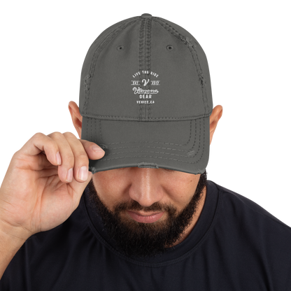 Viscous Gear Live The Ride Typography Logo No.2 White Embroidery Unisex Distressed Dad Hat