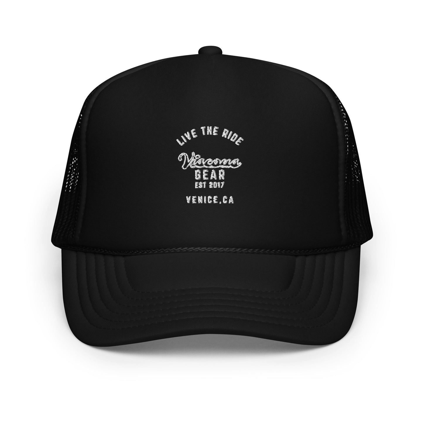 Viscous Gear Live The Ride Typography Logo No.1 White Embroidery Unisex Foam trucker hat