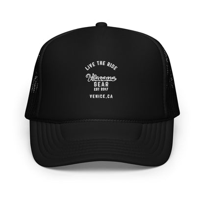 Viscous Gear Live The Ride Typography Logo No.1 White Embroidery Unisex Foam trucker hat